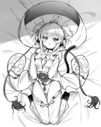 Rule 34 | 1girl, ahoge, alphy, andira (granblue fantasy), animal ears, bare shoulders, barefoot, bed sheet, blush, breasts, cleavage, collarbone, dakimakura (medium), detached leggings, detached sleeves, erune, flying nimbus, from above, full body, granblue fantasy, greyscale, hagoromo, heart, heart hands, highres, looking at viewer, lying, monkey ears, monkey girl, monkey tail, monochrome, navel, on back, open mouth, shawl, short hair, short twintails, smile, solo, tail, twintails