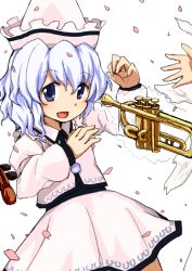 Rule 34 | 2girls, :d, bad id, bad pixiv id, blue eyes, dai-erie, gerijita, hat, instrument, jacket, light purple hair, lily white, merlin prismriver, multiple girls, open mouth, out of frame, petals, short hair, skirt, smile, touhou, trumpet, wings