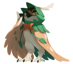 Rule 34 | bird, bluekomadori, closed mouth, commentary, creatures (company), decidueye, english commentary, from below, full body, game freak, gen 7 pokemon, grey background, half-closed eyes, looking at viewer, nintendo, no humans, owl, pokemon, pokemon (creature), solo, standing, talons, yellow eyes