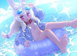 Rule 34 | 1girl, animal ear fluff, animal ears, arm up, armpits, barefoot, bikini, blue hoodie, blue innertube, blunt bangs, blush, braid, cloud, cloudy sky, collar, commentary, day, dutch angle, etrian odyssey, eyewear on head, fang, flat chest, front-tie bikini top, front-tie top, full body, hair bobbles, hair ornament, hair over shoulder, heart, heart-shaped pupils, highres, hood, hood down, hoodie, long hair, long sleeves, looking at viewer, low twin braids, masurao 2 (sekaiju), naga u, navel, no nose, ocean, on innertube, open mouth, outdoors, rabbit ears, red collar, red eyes, sekaiju no meikyuu, sekaiju no meikyuu 5, sidelocks, sky, solo, sunglasses, swimsuit, symbol-shaped pupils, thick eyebrows, twin braids, very long hair, water, white-framed eyewear, white bikini, white hair