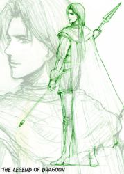 Rule 34 | albert (dragoon), boots, cape, game console, gloves, green theme, male focus, polearm, ponytail, scarf, serious, sketch, spear, tall, the legend of dragoon, weapon