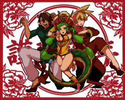 Rule 34 | 10s, 1girl, 2boys, animal ears, antlers, barefoot, barnaby brooks jr., blonde hair, brown eyes, brown hair, cat ears, cat tail, chinese clothes, dragon kid, facial hair, fighting stance, flats, green eyes, green hair, hat, horns, huang baoling, kaburagi t. kotetsu, kemonomimi mode, leotard, long hair, multiple boys, rabbit ears, short hair, stubble, tail, thighs, tiger &amp; bunny, trafficlight, twintails
