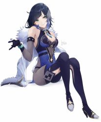 Rule 34 | 1girl, absurdres, black gloves, blue hair, bob cut, bodysuit, breasts, chinese clothes, cleavage, coat, crossed legs, dice, elbow gloves, eyebrows hidden by hair, genshin impact, gloves, green eyes, high heels, highres, holding, holding dice, jewelry, kinaco 4738, large breasts, looking at viewer, necklace, short hair, simple background, sitting, smile, solo, white background, yelan (genshin impact)