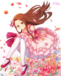 Rule 34 | 1girl, arm strap, azuma kei, blush, bow, brown hair, cherry blossoms, collarbone, crossed legs, dress, floating hair, flower, hair bow, hair flower, hair ornament, idolmaster, idolmaster (classic), layered dress, long dress, long hair, looking at viewer, minase iori, pantyhose, pink dress, pink flower, pink rose, red eyes, red flower, red rose, rose, sleeveless, sleeveless dress, smile, solo, sparkle, very long hair, white background, white pantyhose, yellow flower, yellow rose