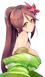 Rule 34 | 10s, 1girl, alternate eye color, amagi (kancolle), breasts, brown hair, clothes down, female focus, flower, from side, furisode, hair between eyes, hair flower, hair ornament, highres, japanese clothes, kantai collection, kimono, large breasts, light smile, long hair, looking at viewer, mole, mole under eye, off shoulder, ponytail, simple background, solo, tori kaku, yellow eyes
