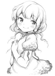 Rule 34 | 1girl, blush, closed mouth, commentary request, dress, ebisu eika, frilled sleeves, frills, from side, greyscale, hands on own chest, harusame (unmei no ikasumi), long earlobes, looking at viewer, medium hair, monochrome, puffy short sleeves, puffy sleeves, short sleeves, smile, solo, touhou, white background