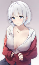 Rule 34 | 1girl, blue eyes, blush, breasts, cardigan, cleavage, closed mouth, collarbone, dermar, grey background, hair intakes, hair ornament, highres, large breasts, long sleeves, no bra, open cardigan, open clothes, open shirt, partially unbuttoned, red cardigan, shirt, short hair, siesta (tantei wa mou shindeiru), signature, sleeves past wrists, smile, solo, tantei wa mou shindeiru, white hair, white shirt, x hair ornament
