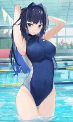 Rule 34 | 1girl, armpits, arms behind head, arms up, blue eyes, blue hair, breasts, closed mouth, covered navel, hair intakes, hair tie in mouth, highres, hololive, hololive english, indoors, large breasts, long hair, mouth hold, one-piece swimsuit, ouro kronii, pool, shuuzo3, solo, swimsuit, thigh gap, thighs, virtual youtuber, wading, wet