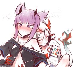 Rule 34 | 2girls, abs, arknights, bad id, bad twitter id, blush, daiishori, demon horns, embarrassed, fiery tail, highres, horns, hug, hug from behind, lava (arknights), multiple girls, nian (arknights), pointy ears, tail, white background, yuri