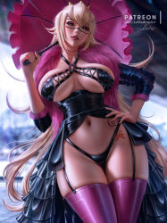 Rule 34 | 1girl, blonde hair, breasts, breasts apart, contrapposto, cyberpunk (series), cyberpunk 2077, eyelashes, garter straps, halterneck, hand on own hip, highleg, highleg panties, large breasts, leather, lips, lolliedrop, looking at viewer, mario (series), nintendo, nose, panties, parasol, pink thighhighs, princess peach, revealing clothes, signature, skindentation, sleeves pushed up, solo, tattoo, thighhighs, umbrella, underwear