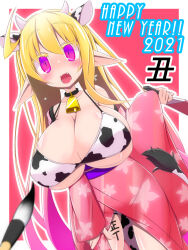 Rule 34 | 1girl, animal ears, bell, bikini, bikini under clothes, blonde hair, blush, breasts, chinese zodiac, choker, cleavage, colored eyelashes, cow ears, cow girl, cow horns, cow tail, cowbell, demon girl, fang, gradient hair, hagoita, happy new year, highres, horns, large breasts, long pointy ears, miu (pixiv164563), multicolored hair, neck bell, new year, open mouth, oppai loli, original, paddle, paintbrush, pointy ears, purple eyes, purple hair, smile, solo, swimsuit, tail, tally, wide sleeves, year of the ox