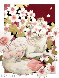 Rule 34 | animal, animal focus, artist name, border, cherry blossoms, commentary request, falling petals, floral background, flower, fox, highres, leaf, looking at viewer, lying, no humans, on stomach, open mouth, original, outside border, painting (medium), parted lips, petals, pink flower, red background, red eyes, shikitori (ichi), slit pupils, solo, traditional media, turning head, watercolor (medium), white border