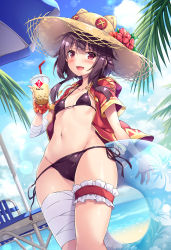 Rule 34 | 1girl, :d, :o, akizora momiji, bandages, beach, bikini, blue sky, blush, breasts, brown eyes, brown hair, chair, choker, cloud, collarbone, commentary request, cup, day, flat chest, groin, hat, highres, holding, holding cup, hood, hood down, hooded jacket, innertube, jacket, kono subarashii sekai ni shukufuku wo!, leg strap, looking at viewer, megumin, navel, ocean, one eye closed, open mouth, outdoors, purple bikini, red jacket, sand, scrunchie, short hair with long locks, side-tie bikini bottom, sidelocks, simple background, sky, small breasts, smile, solo, standing, stomach, straw hat, swim ring, swimsuit, table, thigh strap, umbrella, wrist scrunchie