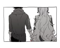 Rule 34 | dress, facing away, from behind, greyscale, hair ornament, hii (aisiteru6918moon), holding hands, hood, hood down, jumpsuit, kagerou project, kozakura marry, long hair, monochrome, seto kousuke, side-by-side, simple background, sleeves rolled up, spot color, string, string of fate, translation request, upper body, very long hair