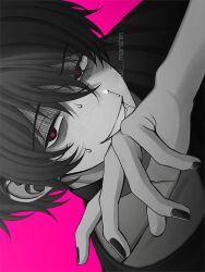 Rule 34 | 1boy, blush, grin, hair between eyes, heart, heart-shaped pupils, highres, looking at viewer, male focus, monochrome, nail polish, nose blush, original, pink background, pink pupils, runny nose, saliva, shaded face, sideways, simple background, smile, snot, solo, soui manshin, spot color, sweat, symbol-shaped pupils, upper body