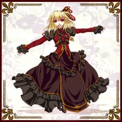 Rule 34 | 1girl, :d, alternate costume, blonde hair, cross, cross necklace, dress, fangs, frilled dress, frills, hair ribbon, jewelry, necklace, open mouth, outstretched arms, red eyes, ribbon, rumia, short hair, smile, solo, spread arms, touhou, zatsumi