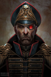 Rule 34 | 1boy, artist name, chin, commentary, commissar, english commentary, fleur-de-lis, glowing, glowing eye, gold trim, hat, highres, jacket, looking at viewer, military, military hat, military jacket, military uniform, peaked cap, portrait, red eyes, red trim, solo, thefearmaster, uniform, warhammer 40k