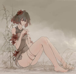 Rule 34 | 1girl, absurdres, ass, bare legs, bare shoulders, barefoot, black hair, brown dress, china dress, chinese clothes, cloud, cloudy sky, dress, feet, flower, full body, grass, grey sky, hair between eyes, hair flower, hair ornament, highres, holding, holding flower, honkai (series), honkai impact 3rd, legs, multicolored hair, nao tou di guan, outdoors, plant, red eyes, red flower, red hair, seele (alter ego), seele vollerei, short hair, sitting, sky, sleeveless, sleeveless dress, solo, streaked hair, thighs, two-tone hair