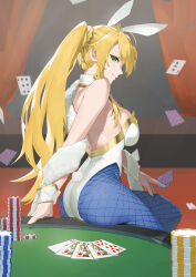 Rule 34 | 1girl, ahoge, animal ears, ao tsukushi, artoria pendragon (all), artoria pendragon (fate), artoria pendragon (swimsuit ruler) (fate), ass, bare shoulders, blonde hair, blue pantyhose, blush, braid, breasts, card, detached collar, fate/grand order, fate (series), feather boa, fishnet pantyhose, fishnets, french braid, gold trim, green eyes, hair between eyes, highleg, highleg leotard, highres, large breasts, leotard, long hair, looking at viewer, looking back, necktie, pantyhose, playboy bunny, playing card, poker chip, poker table, ponytail, rabbit ears, rabbit tail, sidelocks, sitting, smile, solo, table, tail, thighs, tiara, white leotard, wrist cuffs