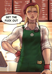 Rule 34 | 1girl, absurdres, angry, animal, animal in clothes, antenna hair, apron, ayaki blade, barista, blonde hair, blue eyes, blurry, blurry background, braid, brand name imitation, cammy white, cat, choker, collared shirt, commentary, employee uniform, english commentary, english text, facial scar, female pov, green apron, half-closed eyes, highres, iced latte with breast milk (meme), kitten, lips, long hair, looking at viewer, meme, pov, profanity, scar, scar on cheek, scar on face, scrunchie, shirt, solo, speech bubble, starbucks, street fighter, twin braids, uniform, veins, veiny arms, white background, white shirt, wrist scrunchie