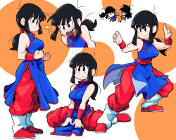 Rule 34 | 1boy, 1girl, antenna hair, black eyes, black hair, blue dress, blunt bangs, breasts, chi-chi (dragon ball), china dress, chinese clothes, clenched hands, dougi, dragon ball, dragon ball (classic), dress, duel, fighting stance, full body, hair tubes, highres, long hair, medium breasts, mixed gender duel, multiple views, obi, open mouth, orange background, ponytail, red footwear, red sash, sash, scott malin, sharp teeth, shoes, sidelocks, sitting, sleeveless, sleeveless dress, son goku, teeth, two-tone background, wariza, white background, wristband