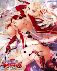 Rule 34 | 1girl, apt, arched back, ass, blonde hair, blue eyes, breasts, character request, elbow gloves, gloves, groin, high heels, highres, huge breasts, katana, long hair, looking at viewer, midriff, navel, official art, red gloves, revealing clothes, scar, sengoku bushouki muramasa, solo, sword, thighs, very long hair, weapon