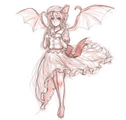 Rule 34 | 1girl, barefoot, bat wings, dress, feet, hat, hat ribbon, highres, kuro suto sukii, limited palette, looking at viewer, mob cap, monochrome, puffy short sleeves, puffy sleeves, remilia scarlet, ribbon, sash, short sleeves, simple background, sketch, smile, solo, toes, touhou, wings, wrist cuffs
