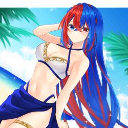Rule 34 | 1girl, alear (female) (fire emblem), alear (fire emblem), alternate costume, bare arms, bare shoulders, beach, bikini, blue eyes, blue hair, blue sky, breasts, cleavage, cloud, commentary request, crossed bangs, day, female focus, fire emblem, fire emblem engage, hair between eyes, hand up, heterochromia, highres, large breasts, long hair, looking at viewer, matching hair/eyes, multicolored hair, navel, nekoyasiki luna, nintendo, official alternate costume, red eyes, red hair, sarong, sky, smile, solo, split-color hair, stomach, streaked hair, swimsuit, thighlet, very long hair, white bikini