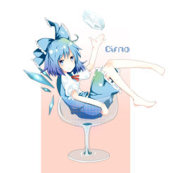 Rule 34 | 1girl, aya mizu, barefoot, blue eyes, blue hair, bow, character name, cirno, cup, cupping glass, female focus, full body, gradient background, hair bow, ice, matching hair/eyes, short hair, simple background, sitting, solo, spoon, touhou, wings, yousei daisensou