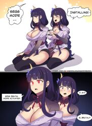 Rule 34 | 2girls, 2koma, :d, ^ ^, absurdres, black thighhighs, blunt bangs, breasts, cleavage, closed eyes, comic, commentary, english commentary, english text, floppy disk, genshin impact, highres, hinghoi, japanese clothes, kimono, large breasts, long braid, meme, multiple girls, obi, open mouth, purple eyes, purple hair, purple kimono, raiden shogun, red eyes, red sash, sash, seggs (meme), smile, speech bubble, thighhighs, thighs, upper body
