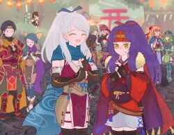 Rule 34 | 3boys, 6+girls, armor, black gloves, black hair, black thighhighs, blonde hair, blue hair, blue scarf, brown hair, closed mouth, detached sleeves, elbow gloves, fingerless gloves, fire emblem, fire emblem: radiant dawn, fire emblem fates, fire emblem heroes, gloves, green hair, headband, heather (fire emblem), heather (ninja) (fire emblem), helmet, highres, japanese clothes, kaze (fire emblem), kuji-in, long hair, micaiah (fire emblem), micaiah (ninja) (fire emblem), multiple boys, multiple girls, nephenee (fire emblem), nintendo, official alternate costume, official alternate hairstyle, open mouth, ponytail, purple hair, red hair, red headband, reina (fire emblem), reina (ninja) (fire emblem), saizo (fire emblem), saizo (ninja) (fire emblem), sanaki kirsch altina, sanaki kirsch altina (ninja), sasaki (dkenpisss), scarf, sheath, sheathed, short hair, siblings, sigrun (fire emblem), sisters, skirt, sweatdrop, sword, tanith (fire emblem), thighhighs, weapon, white hair, yellow eyes, zelgius (fire emblem), zelgius (ninja) (fire emblem)