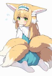 1girl absurdres animal_ear_fluff animal_ears arknights auto_ins blonde_hair blue_dress blue_hairband blush dress fox_ears fox_girl fox_tail frills full_body green_eyes hairband highres kitsune long_hair looking_at_viewer multicolored_hair multiple_tails pantyhose simple_background sitting solo suzuran_(arknights) tail white_background white_hair white_pantyhose