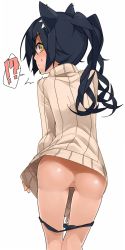 Rule 34 | !?, 1girl, animal ears, ass, black hair, black panties, blush, cat ears, from behind, kochiya (gothope), long hair, looking at viewer, looking back, original, panties, panty pull, ponytail, pussy, ribbed sweater, simple background, solo, sweater, uncensored, underwear, white background, yellow eyes