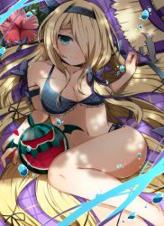 Rule 34 | 1girl, akiran&#039;nu, argyle, argyle bikini, argyle clothes, bikini, blonde hair, blue eyes, blush, bow, breasts, cleavage, flower, food, frilled bikini, frills, fruit, groin, hair bow, hair over one eye, hair ribbon, hairband, heart, hibiscus, highres, large breasts, leaf, long hair, looking at viewer, lying, navel, on back, pandora (p&amp;d), puzzle &amp; dragons, ribbon, shade, smile, solo, swimsuit, very long hair, water, watermelon