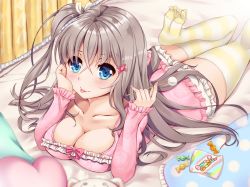 Rule 34 | 1girl, :p, arm support, bad id, bad pixiv id, bed sheet, blue eyes, blush, breasts, brown hair, candy wrapper, cleavage, closed mouth, collarbone, commentary request, curtains, fingernails, frilled shirt, frilled shorts, frills, hair between eyes, hair ornament, hair ribbon, heart, heart-shaped pillow, highres, holding, ko yu, long hair, lying, medium breasts, mimikaki, nail polish, no shoes, on stomach, original, pillow, pink nails, pink shirt, polka dot, ribbon, shirt, short shorts, shorts, side ponytail, sleeves past wrists, smile, soles, solo, striped clothes, striped thighhighs, thighhighs, tongue, tongue out, very long hair, white ribbon, white shorts, x hair ornament