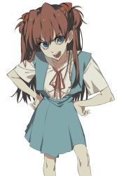 Rule 34 | 1girl, blouse, blue eyes, blue skirt, brown hair, collarbone, collared shirt, commentary request, commission, knees up, long hair, looking at viewer, neck ribbon, neon genesis evangelion, open mouth, red ribbon, ribbon, school uniform, shirt, skeb commission, skirt, solo, souryuu asuka langley, standing, teeth, tokyo-3 middle school uniform, tsundere, urkt 10, v-shaped eyebrows, very long hair, white background, white shirt