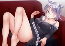 Rule 34 | 1girl, black shirt, blouse, blue eyes, braid, breasts, commentary request, couch, hair flaps, highres, kantai collection, long hair, looking at viewer, lying, medium breasts, mole, mole under eye, nuka (nvkka), on back, shirt, silver hair, single braid, thighs, umikaze (kancolle), umikaze kai ni (kancolle), very long hair