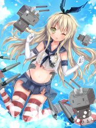 Rule 34 | 10s, 1girl, blonde hair, brown eyes, gloves, hairband, highres, kantai collection, kohaku muro, long hair, rensouhou-chan, shimakaze (kancolle), skirt, striped clothes, striped thighhighs, tears, thighhighs, torn clothes, torpedo, wince