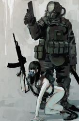 Rule 34 | 1boy, 1girl, ass, assault rifle, black hair, boots, bottomless, breasts, cleavage, clothed male nude female, gas mask, grey eyes, gun, handgun, helmet, highres, holding, holding gun, holding weapon, jittsu, long hair, mask, military, nude, original, rifle, weapon