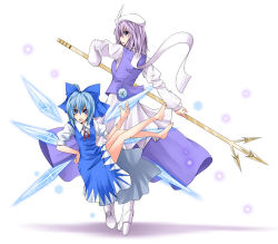 Rule 34 | 2girls, blue hair, boots, cirno, hat, high heels, iseki mitsuharu, letty whiterock, multiple girls, polearm, shoes, snowflakes, spear, touhou, trident, weapon
