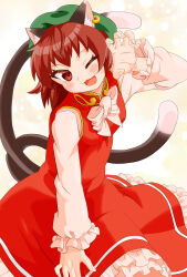 1girl :d ;3 animal_ear_fluff animal_ear_piercing animal_ears arm_at_side blush breasts brown_eyes brown_hair cat_ears cat_tail chen claw_pose commentary_request earrings fingernails frills gold_trim hand_up hat highres jewelry leaning_forward long_sleeves looking_at_viewer medium_breasts mob_cap multiple_tails nekomata nenpuru one_eye_closed open_mouth petticoat puffy_long_sleeves puffy_sleeves red_skirt red_vest short_hair simple_background single_earring skirt skirt_set smile solo tail touhou two_tails vest white_background