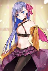 Rule 34 | 1girl, alternate breast size, bare shoulders, black collar, black pantyhose, blue eyes, blue hair, blush, bow, breasts, collar, collarbone, commentary request, cosplay, detached sleeves, fate/extra, fate/extra ccc, fate (series), hair between eyes, hair bow, highres, layered skirt, long sleeves, looking at viewer, meltryllis (fate), midriff, miniskirt, navel, o-ring, o-ring top, pantyhose, parted lips, passion lip, passion lip (cosplay), passionlip (fate), passionlip (fate) (cosplay), pleated skirt, purple skirt, red bow, skirt, sleeves past fingers, sleeves past wrists, small breasts, solo, striped clothes, striped skirt, sweat, tomozero, vertical-striped clothes, vertical-striped skirt, yellow sleeves