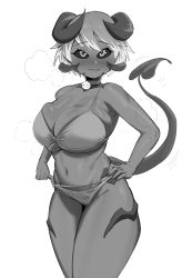 Rule 34 | 1girl, absurdres, black sclera, blush, bra, breasts, cleavage, colored sclera, demon girl, demon horns, demon tail, greyscale, gs16 (chug), hand on own hip, heart, heavy breathing, highres, horns, jourjii, large breasts, looking at viewer, monochrome, motion lines, navel, neck bell, original, panties, pulling at clothes, short hair, smile, solo, spade, sweat, symbol-shaped pupils, tail, thick thighs, thighs, underboob, underwear, wide hips