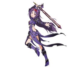 Rule 34 | 10s, 1girl, ahoge, arm up, boots, breasts, crop top, floating hair, from side, full body, hairband, high heel boots, high heels, holding, holding sword, holding weapon, long hair, looking at viewer, one eye closed, open mouth, pointy ears, purple footwear, purple hair, purple shorts, red eyes, red hairband, short shorts, shorts, simple background, small breasts, solo, sword, sword art online, very long hair, weapon, white background, yuuki (sao)