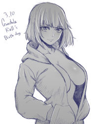 Rule 34 | 1girl, birthday, brave witches, breasts, closed mouth, dated, greyscale, gundula rall, hands in pockets, highres, jacket, large breasts, liar lawyer, looking at viewer, monochrome, open clothes, open jacket, open mouth, short hair, simple background, sketch, smile, solo, white background, world witches series