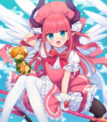 Rule 34 | 1girl, :d, blue eyes, blunt bangs, blush, cardcaptor sakura, cloud, cosplay, day, dragon tail, dress, elizabeth bathory (fate), elizabeth bathory (fate/extra ccc), fate/grand order, fate (series), frills, fuuin no tsue, gloves, hair over one eye, hat, horns, karokuchitose, kero (cardcaptor sakura), kero (cosplay), kinomoto sakura, kinomoto sakura (cosplay), long hair, looking at viewer, magical girl, open mouth, petals, pink dress, pink hair, pointy ears, puffy short sleeves, puffy sleeves, short sleeves, sitting, sky, smile, solo, tail, wand, white gloves, white legwear, wings