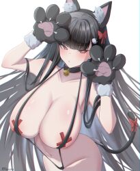 Rule 34 | 1girl, absurdres, animal ears, animal hands, bell, black choker, black hair, blue archive, blush, bow, breasts, bright pupils, cat ears, cat hair ornament, cat tail, choker, cross pasties, fake animal ears, gloves, hair bow, hair ornament, hairclip, highres, huge breasts, long hair, neck bell, panvyru, pasties, paw gloves, red bow, red eyes, red pasties, rio (blue archive), slingshot swimsuit, solo, swimsuit, tail, tail bow, tail ornament, very long hair, white pupils