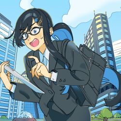 Rule 34 | 1girl, alternate costume, bag, bespectacled, black hair, black jacket, black skirt, blazer, blue eyes, blue hair, blue sky, briefcase, cevio, city, cloud, colored inner hair, cowboy shot, day, dress shirt, floating hair, fountain, futaba minato, glasses, hair ornament, hairclip, highres, holding, holding tablet pc, index finger raised, jacket, long hair, long sleeves, looking at object, low ponytail, momonosa oekaki, multicolored hair, nervous smile, office lady, outdoors, pencil skirt, shirt, shoulder bag, skirt, sky, smile, solo, sweatdrop, tablet pc, v-shaped eyebrows, very long hair, white shirt, wide-eyed
