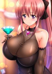 Rule 34 | 1girl, bare shoulders, breasts, cup, dress, jewelry, kamogawa tanuki, large breasts, long hair, necklace, original, pink hair, ponytail, purple eyes, sleeved gloves, smile, solo