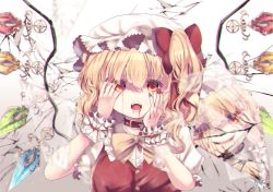 Rule 34 | 1girl, blonde hair, blood, bow, bowtie, broken glass, crystal, flandre scarlet, glass, gradient background, hat, highres, kemo chiharu, looking at viewer, mob cap, nail polish, one side up, open mouth, red eyes, red nails, reflection, short hair, short sleeves, signature, solo, touhou, upper body, white background, white hat, wings, yellow bow, yellow bowtie